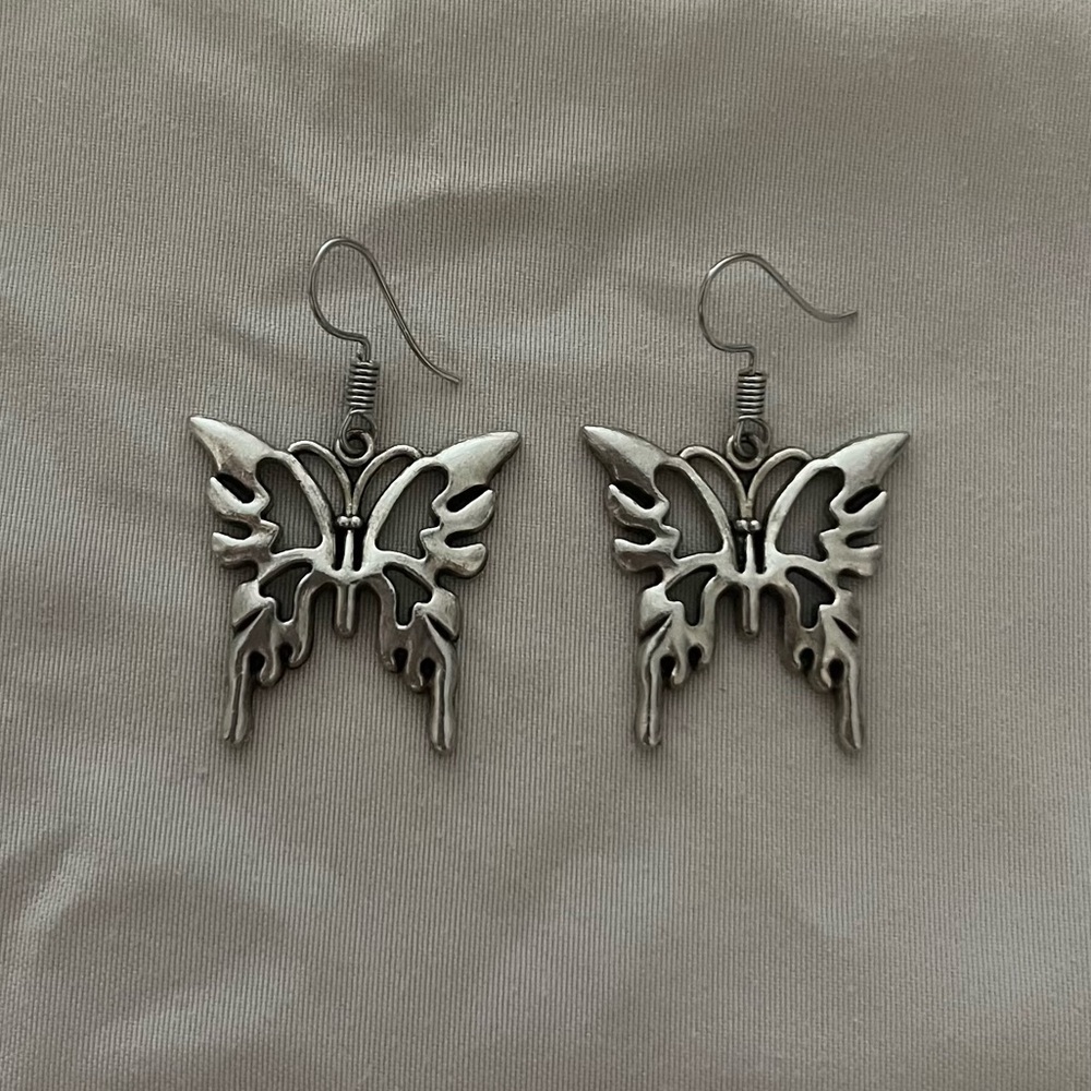 Chunky Silver Tone Butterfly Dangly Statement Earrings